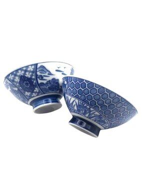 Porcelain Blue & White Chinoiserie Rice Soup Bowls Floral Landscape Set Of 2